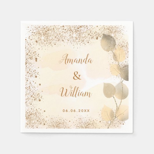 ユーカリ結婚プトゥス黄金グリッターモノグラム スタンダードカクテルナプキン (正面)