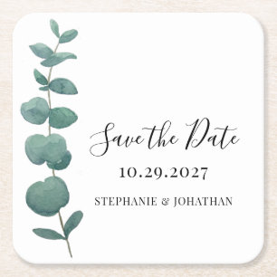ユーカリ結婚式の日付を保存 スクエアペーパーコースター