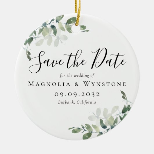 ユーカリ結婚式の日付を保存 セラミックオーナメント (正面)