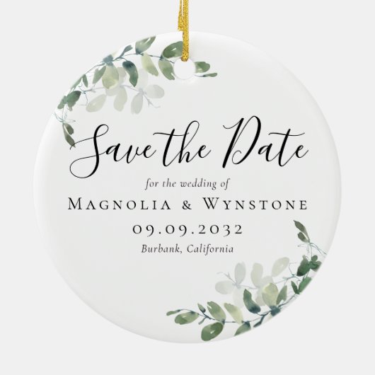 ユーカリ結婚式の日付を保存 セラミックオーナメント (裏面)