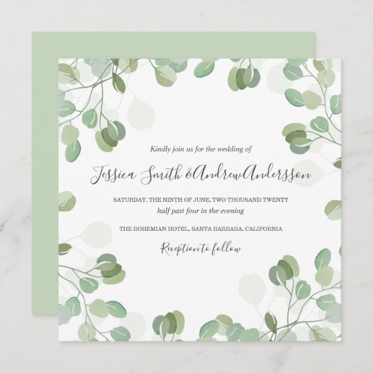 ユーカリ結婚式招待状素朴グリーンリーボホ 招待状 (正面/裏面)