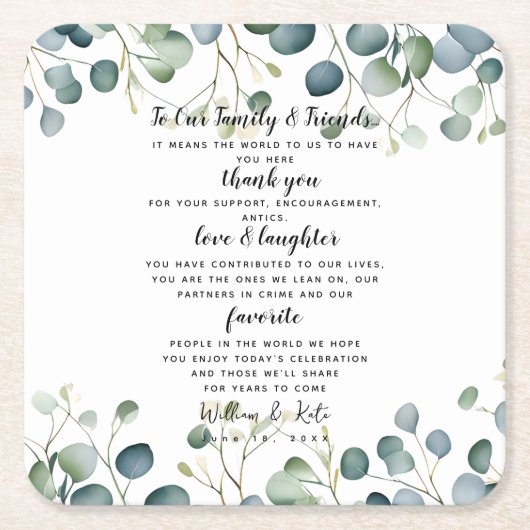 ユーカリ結婚式/結婚sありがとう スクエアペーパーコースター (正面)