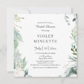 ユーカリ綿 |白いモダンブライダルシャワー 招待状 (正面)