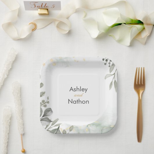 ユーカリ緑と金ゴールド水結婚色 ペーパープレート (ウェディング)