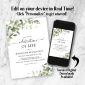 ユーカリ緑のお祝い・オブ・ライフ・メモリアル 招待状