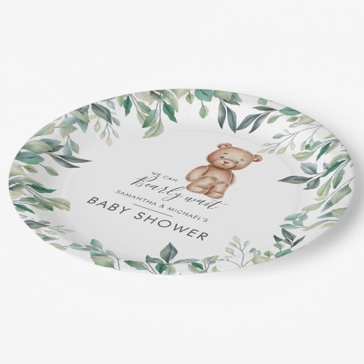 ユーカリ緑のクマのカップル赤ちゃんシャワー ペーパープレート (アングル)