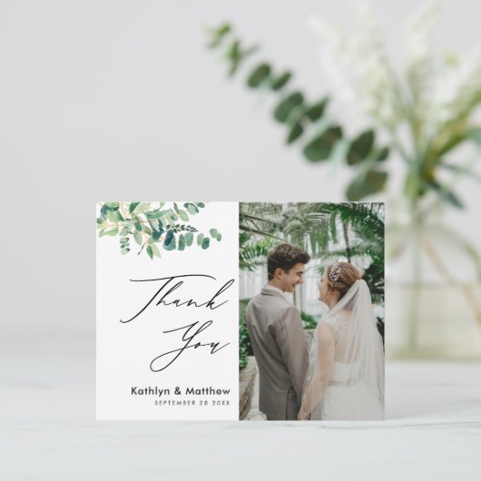 ユーカリ緑のスクリプト写真結婚の感謝 ポストカード (スタンド正面)