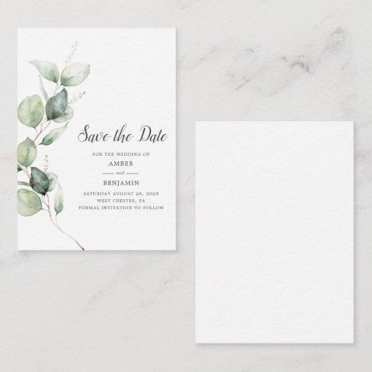 ユーカリ緑のスクリプト結婚式の日付を保存 ノートカード (正面/裏面)