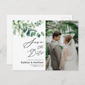 ユーカリ緑のスクリプト結婚式の日付を保存 案内ポストカード (正面/裏面)