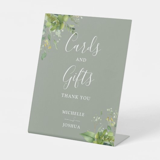 ユーカリ緑のセージ緑のカードとギフト 台座サイン (正面)