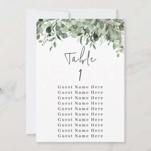 ユーカリ緑のテーブル番号1シーティングチャート 招待状 (正面)