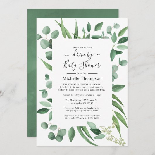 ユーカリ緑のドライブブライダルまたはベビーシャワー 招待状 (正面/裏面)