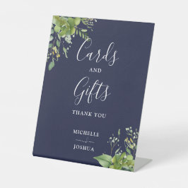 ユーカリ緑のネイビーブルーカードとギフト 台座サイン