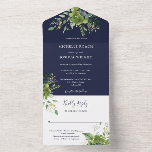 ユーカリ緑のネイビーブルーモノグラム結婚ズ オールインワン招待状 (内側)