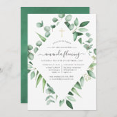 ユーカリ緑のバプテスマまたは《キリスト教》洗礼式や命名式 招待状 (正面/裏面)
