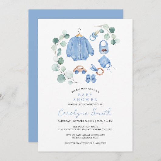 ユーカリ緑のボホ服ボーイ赤ちゃんシャワー 招待状 (正面/裏面)