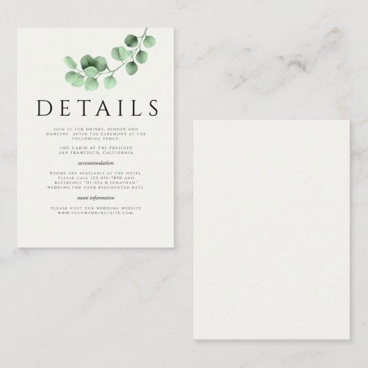 ユーカリ緑のミニマル結婚リストの詳細 エンクロージャーカード (正面/裏面)