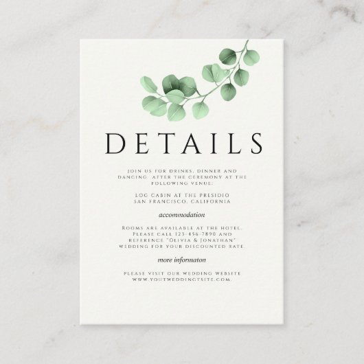 ユーカリ緑のミニマル結婚リストの詳細 エンクロージャーカード (正面)