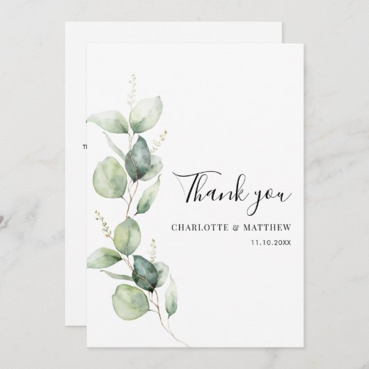 ユーカリ緑のミニマル結婚リスト サンキューカード (正面/裏面)