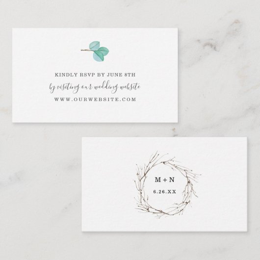 ユーカリ緑のモノグラム結婚式RSVPオンライン エンクロージャーカード (正面/裏面)