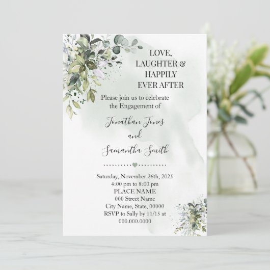 ユーカリ緑の愛の笑い楽しい婚約 招待状 (スタンド正面)