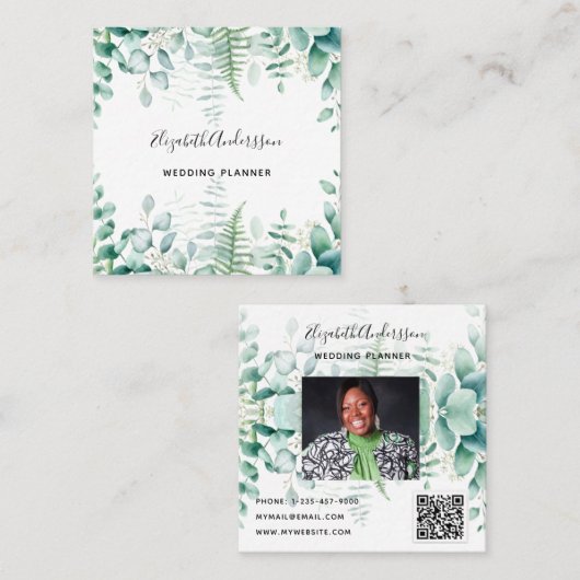 ユーカリ緑の森シダ写真QRコード スクエア名刺 (正面/裏面)