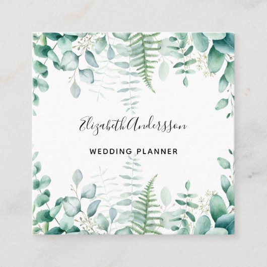 ユーカリ緑の森シダ写真QRコード スクエア名刺 (正面)