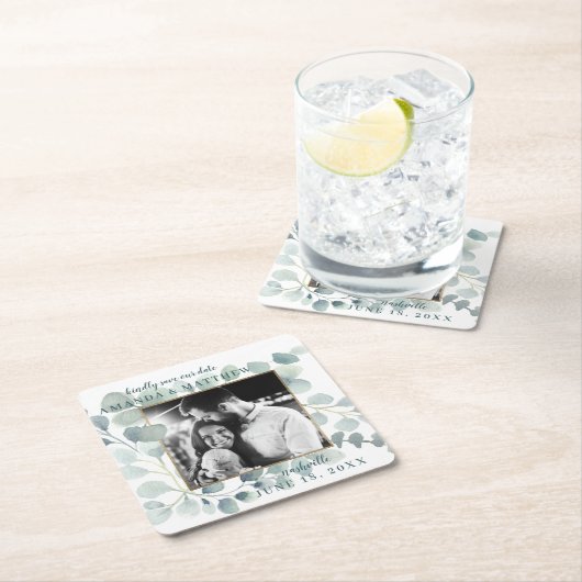 ユーカリ緑の水の色の葉ほこりっぽい青 スクエアペーパーコースター (インサイチュ)