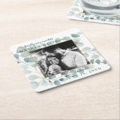 ユーカリ緑の水の色の葉ほこりっぽい青 スクエアペーパーコースター (アングル)