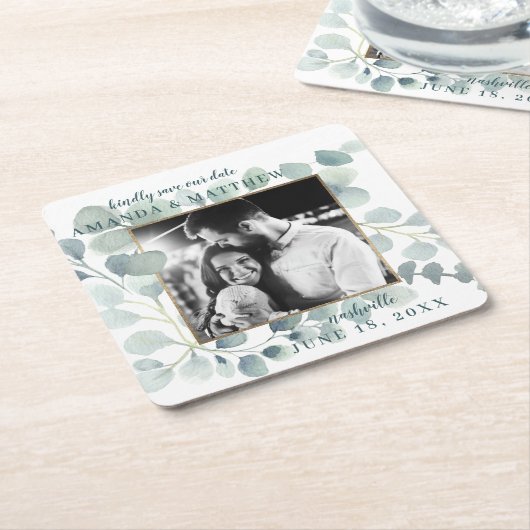 ユーカリ緑の水の色の葉ほこりっぽい青 スクエアペーパーコースター (アングル)