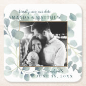 ユーカリ緑の水の色の葉ほこりっぽい青 スクエアペーパーコースター (正面)