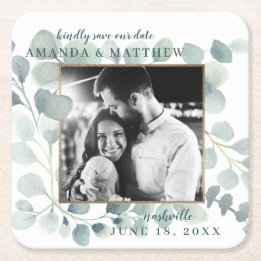 ユーカリ緑の水の色の葉ほこりっぽい青 スクエアペーパーコースター