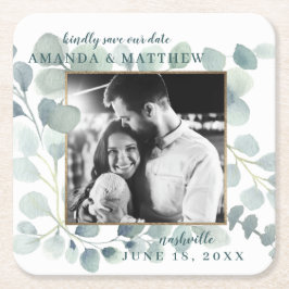 ユーカリ緑の水の色の葉ほこりっぽい青 スクエアペーパーコースター