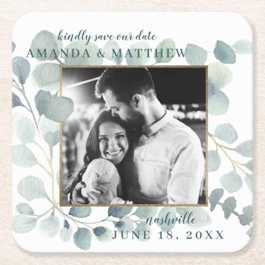 ユーカリ緑の水の色の葉ほこりっぽい青 スクエアペーパーコースター (正面)