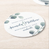 ユーカリ緑の水の色の葉ほこりっぽい青 ラウンドペーパーコースター (アングル)