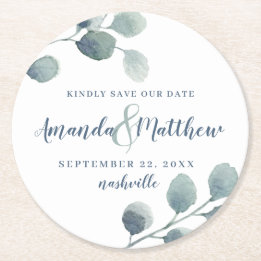 ユーカリ緑の水の色の葉ほこりっぽい青 ラウンドペーパーコースター