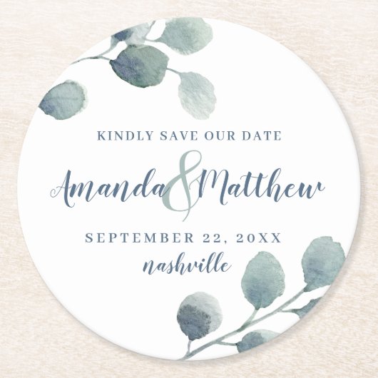 ユーカリ緑の水の色の葉ほこりっぽい青 ラウンドペーパーコースター (正面)