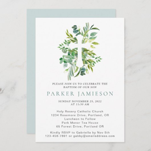 ユーカリ緑の水の色クロスバプテスインヴィ 招待状 (正面/裏面)