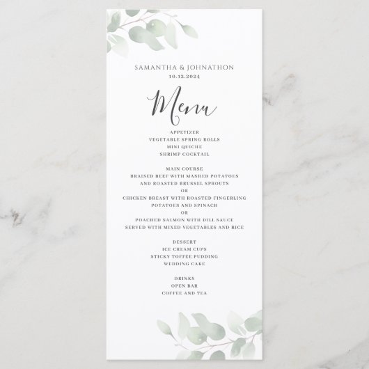 ユーカリ緑の水の色結婚のフラットメニュー メニュー (正面)