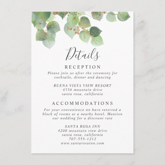 ユーカリ緑の水色結婚の詳細 エンクロージャーカード (正面)