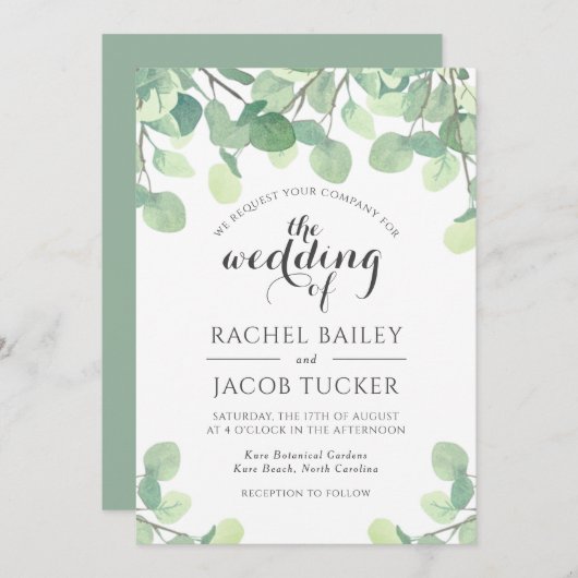 ユーカリ緑の水色結婚の 招待状 (正面/裏面)