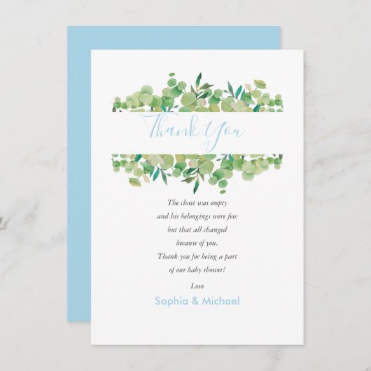ユーカリ緑の男の赤ちゃんシャワーサンキューポゾン サンキューカード (正面/裏面)