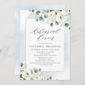 ユーカリ緑の白いフローラリハーサルディナー 招待状 (正面/裏面)