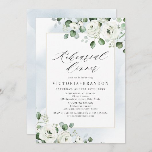 ユーカリ緑の白いフローラリハーサルディナー 招待状 (正面/裏面)