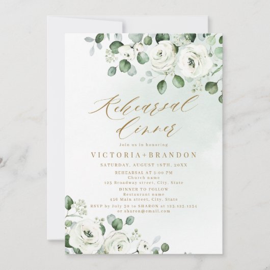 ユーカリ緑の白いフローラリハーサルディナー 招待状 (正面)