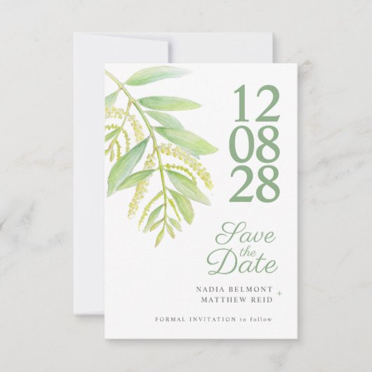 ユーカリ緑の白い写真結婚式の日付を保存 セーブザデート (正面)