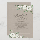 ユーカリ緑の白フローラブライダルシャワー 招待状 (正面/裏面)