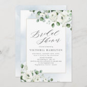 ユーカリ緑の白フローラブライダルシャワー 招待状 (正面/裏面)