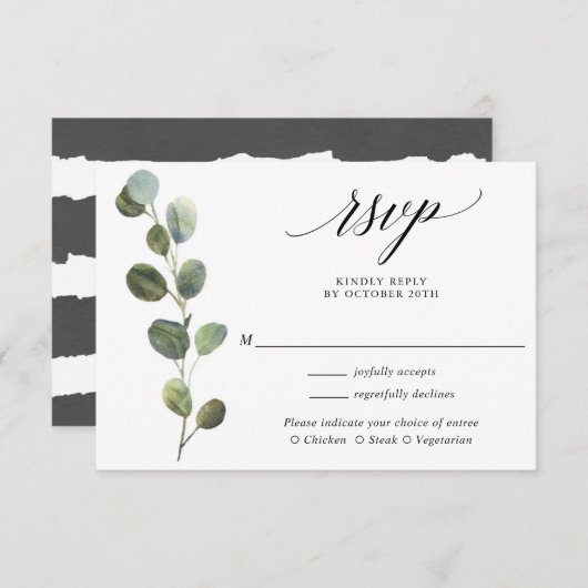 ユーカリ緑の白黒結婚式RSVP エンクロージャーカード (正面/裏面)