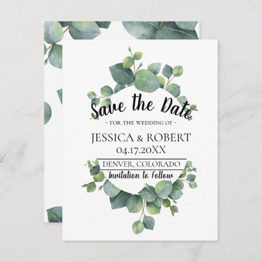 ユーカリ緑の結婚式の日付を保存 セーブザデート (正面/裏面)